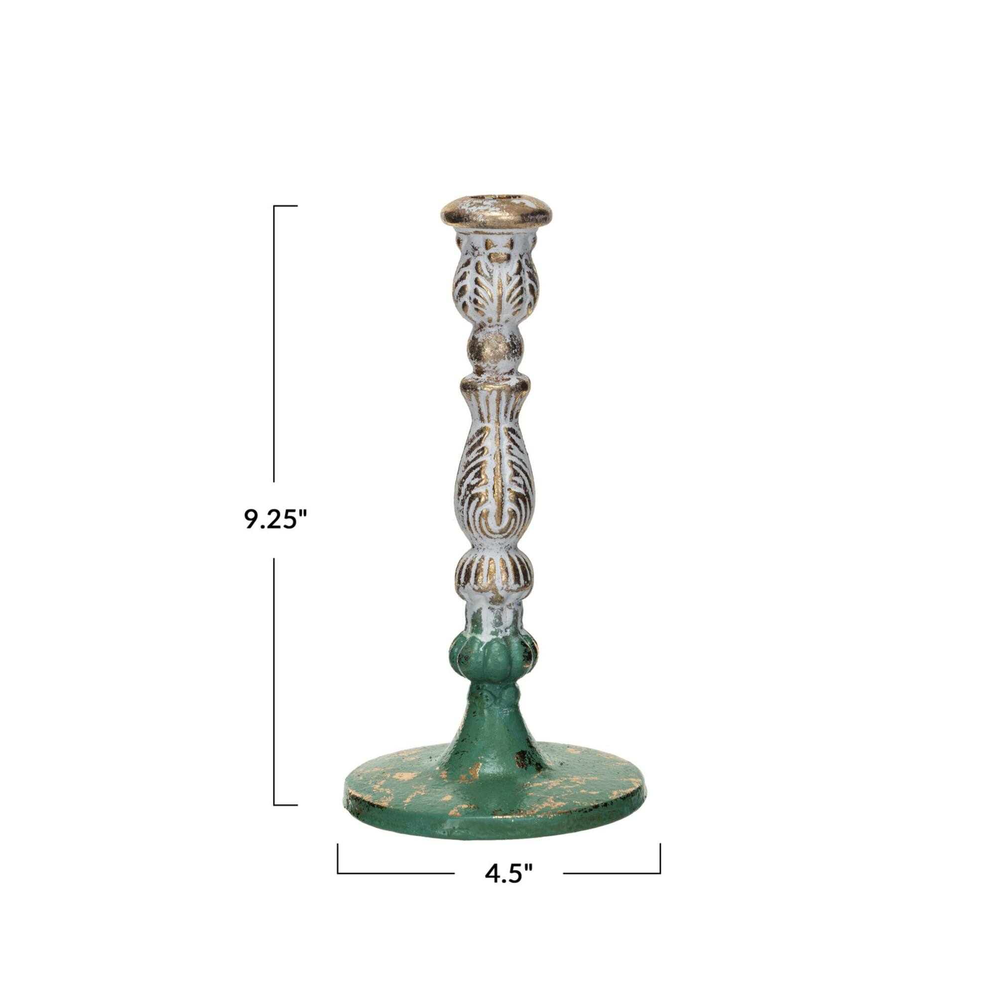 Hello Honey® 9.25" Green, Gold and Cream Distressed Cast Metal Taper Candleholder